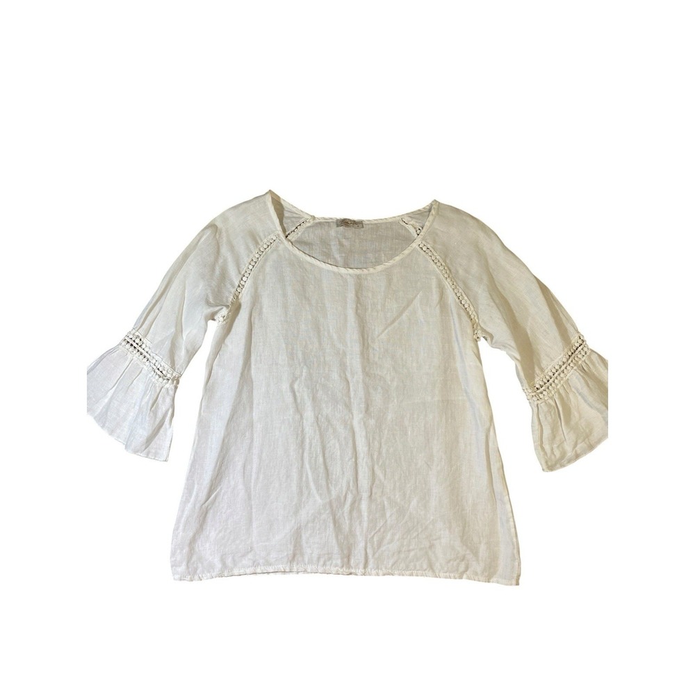 100% Linen White Blouse Womens Size S 3/4 Bell Sleeve Crochet Lace Trim